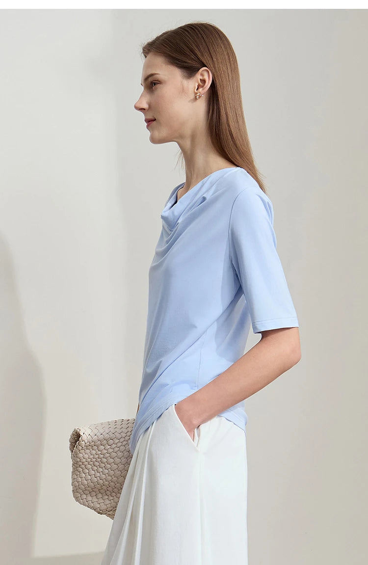 Damen T-Shirt mit drapierter Kragen- und besticktem Design aus modalem Strick