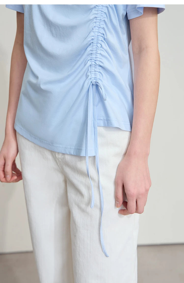 Damen Sommer T-Shirt mit Rundhals und Kordelzug in lässiger Form