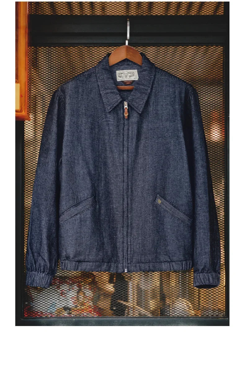 Herren Vintage-Jeansjacke Lockere Passform Revers-Reißverschlussjacke Kurze Blaue Mäntel