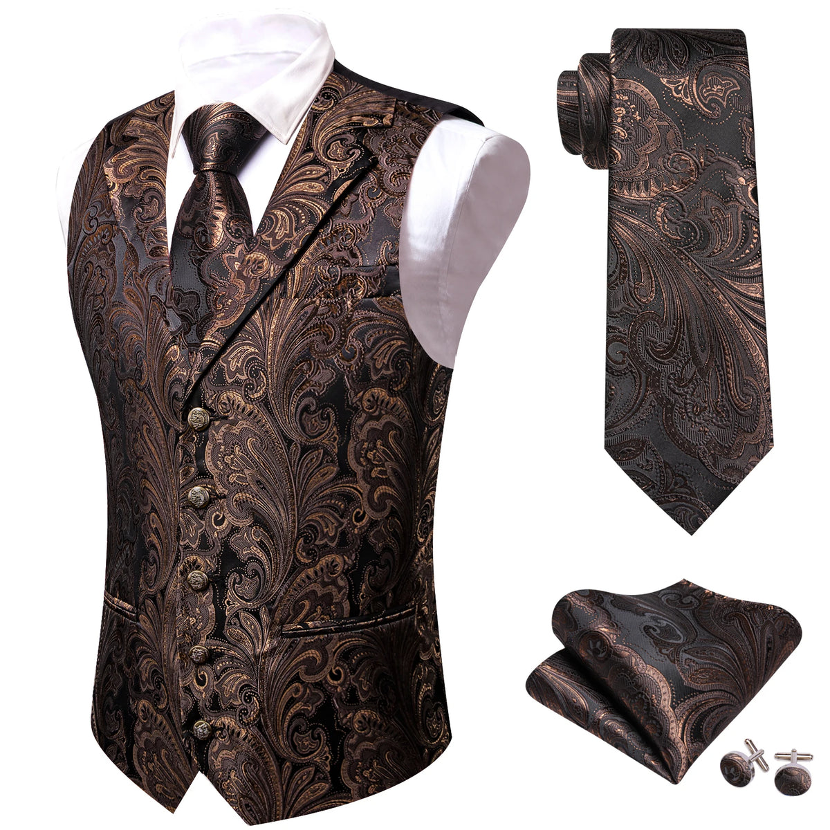Jacquard-Herrenweste mit Paisley, braun/bronze, V-Ausschnitt, Knöpfe, Einstecktuch