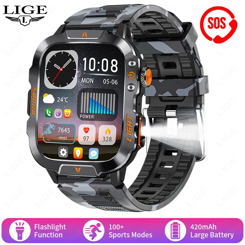 LIGE Neue LED Taschenlampe Outdoor Smart Uhr 420 mAh Batterie Wasserdicht 100 + Sport Herzfrequenz Sprachanruf 1,96 "HD Smartwatch Männer