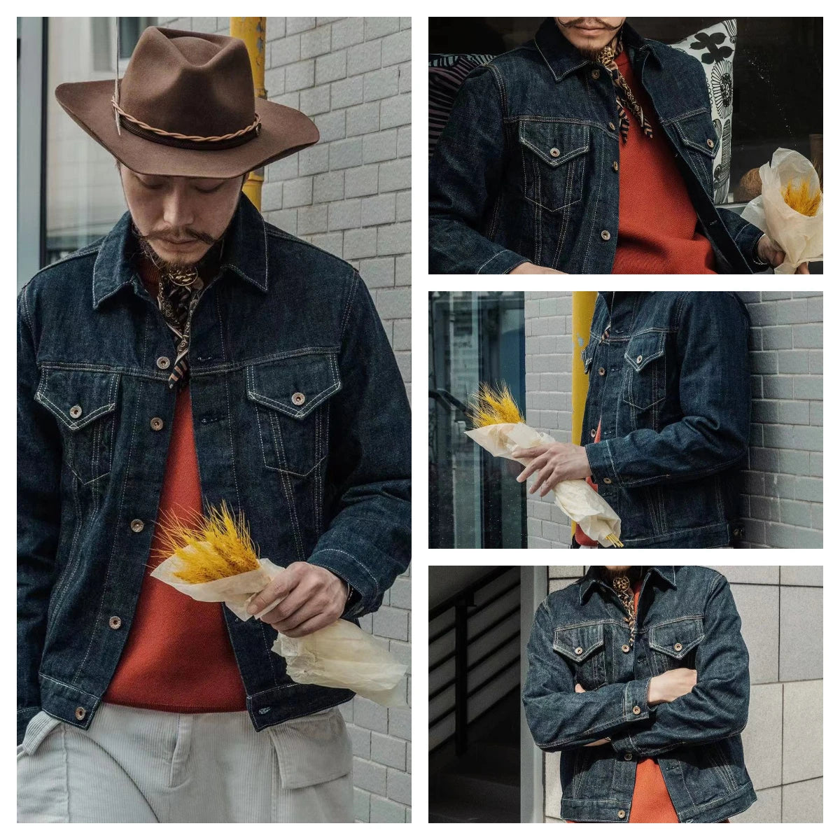 Herren Jeansjacke Vintage 14,8 Unzen Denim Klassisch Slim Fit Mantel