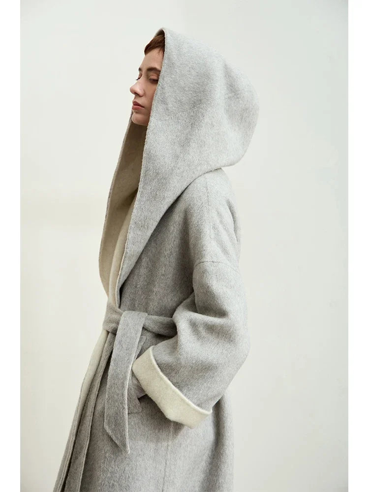 Damen Farbkontrast Wollmantel mit Kapuze und Tropfenärmeln für den Winter