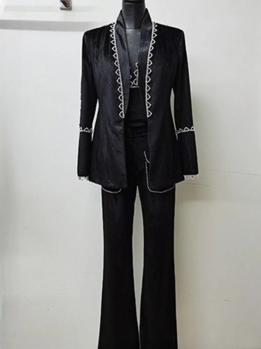 Elegantes Damen-Zweiteiler-Set mit V-Ausschnitt, langen Ärmeln und Perlenverzierung – Patchwork-Top mit Knöpfen und hoch taillierte Hose