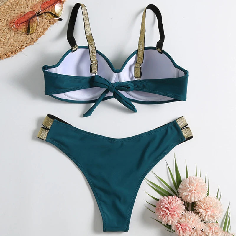 Sexy Bikini-Set in Rosenrot mit Strasssteinen – Push-Up-Badeanzug für Damen am Strand oder Pool