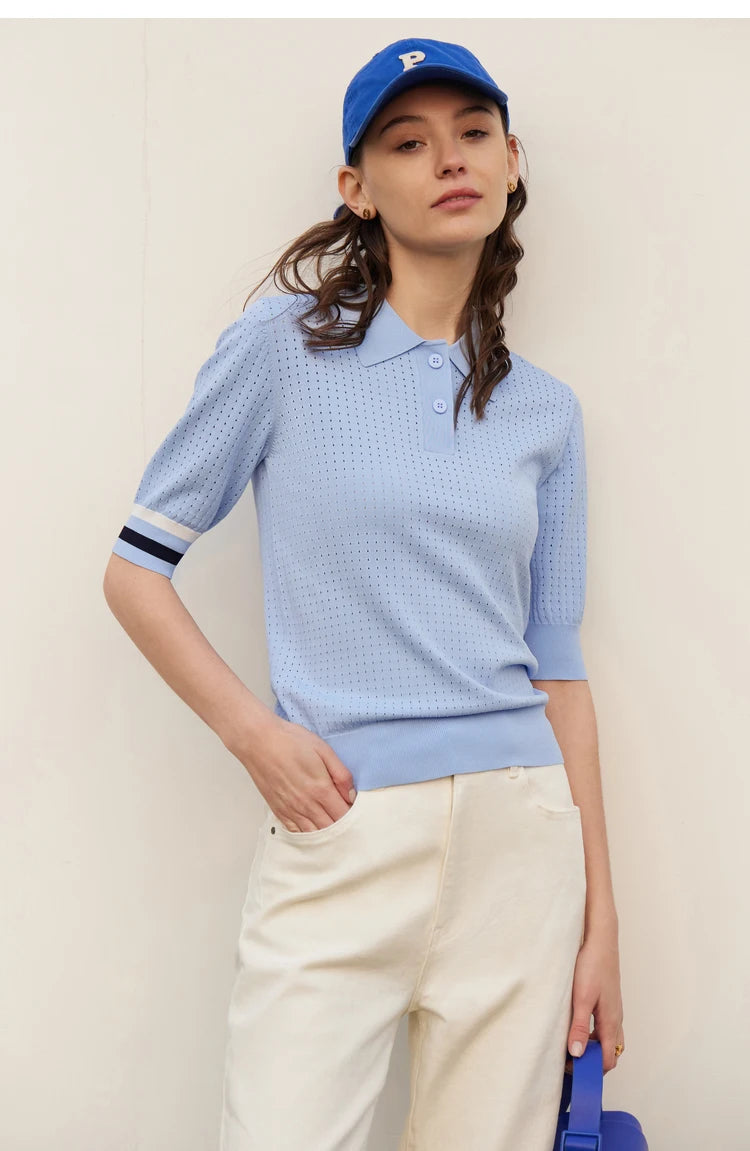 Damen Pullover im Minimalismus-Stil mit Polo-Ausschnitt und Kontrastfarben