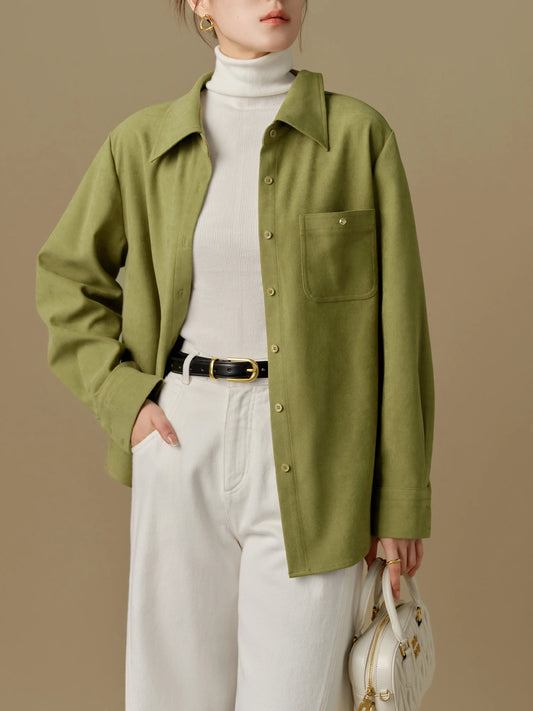 Warme Damen Flanellbluse mit Polokragen – Langer Schnitt & Schulterdetails in 3 Farben für den Winter