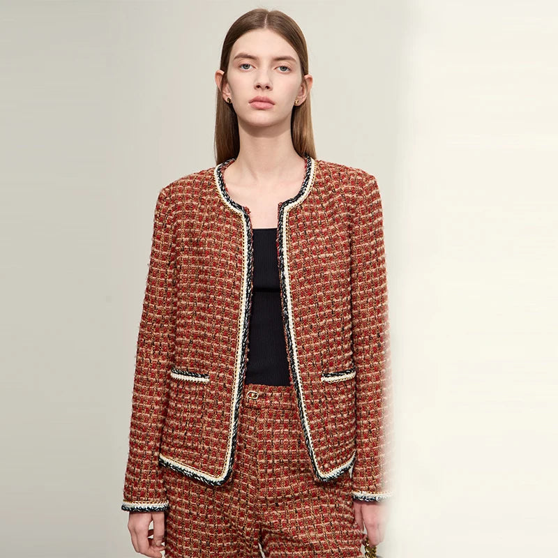 Damen Tweed Mantel im minimalistischen Stil mit Taschen und elegantem O-Neck