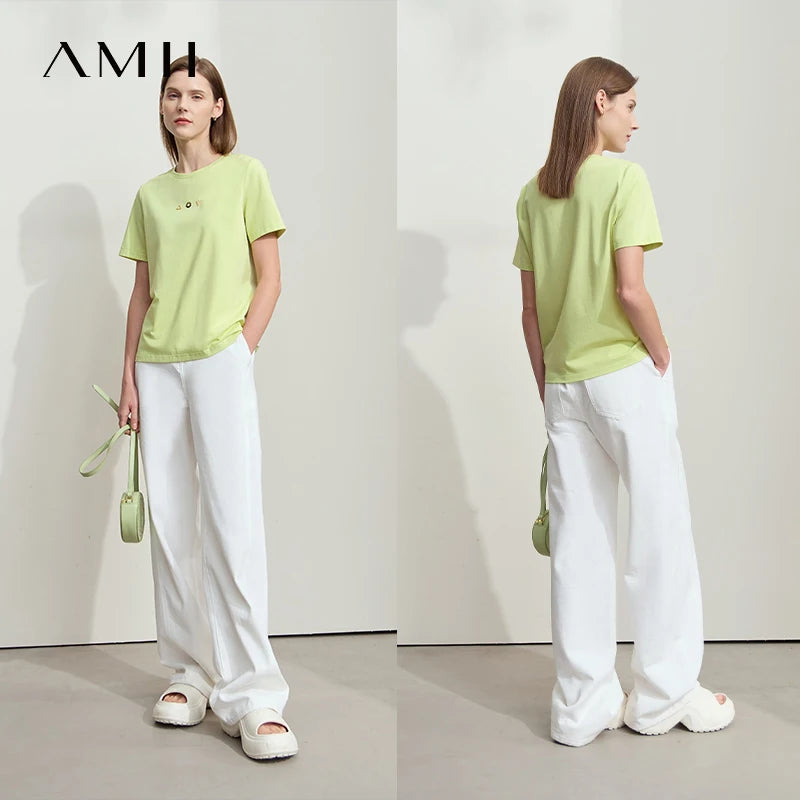 Damen T-Shirt mit O-Ausschnitt und geometrischer Dekoration aus antibakterieller Baumwolle