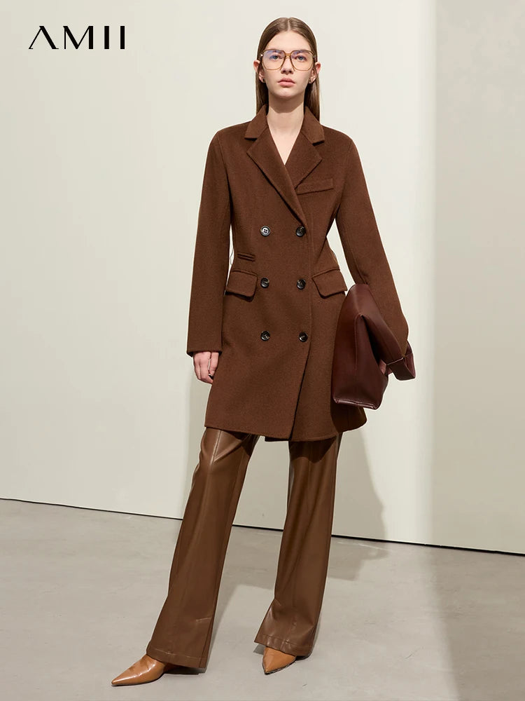 Damen mittellange Jacke aus modischer Wolle mit Gürtel und Reversmänteln