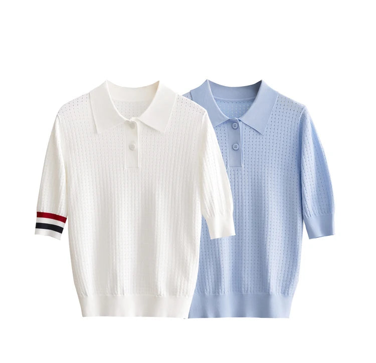 Damen Pullover im Minimalismus-Stil mit Polo-Ausschnitt und Kontrastfarben