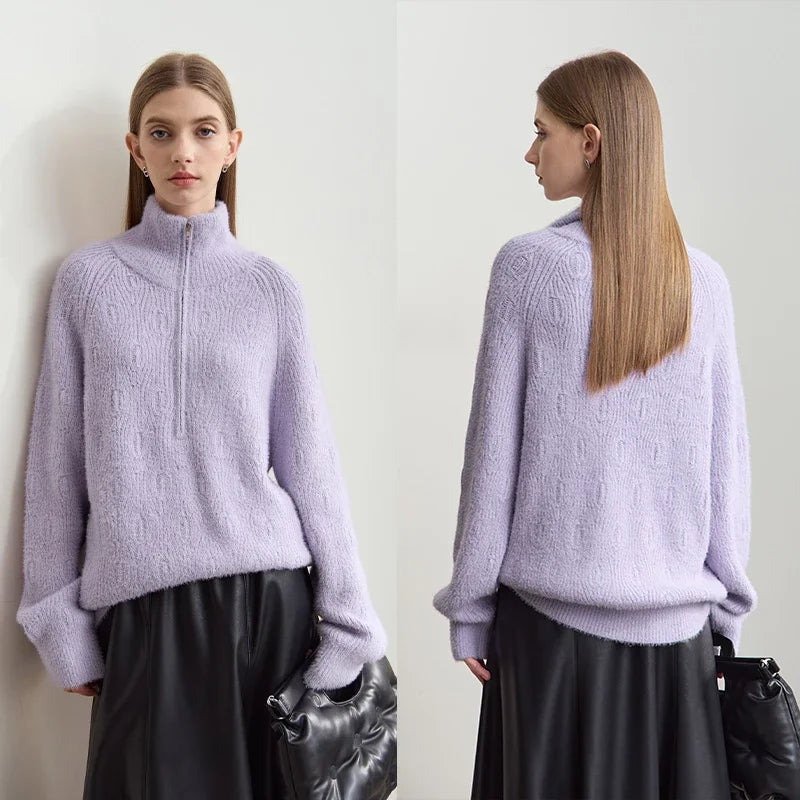 Damen-Rollkragenpullover Reißverschluss Nerz-Optik locker Winter