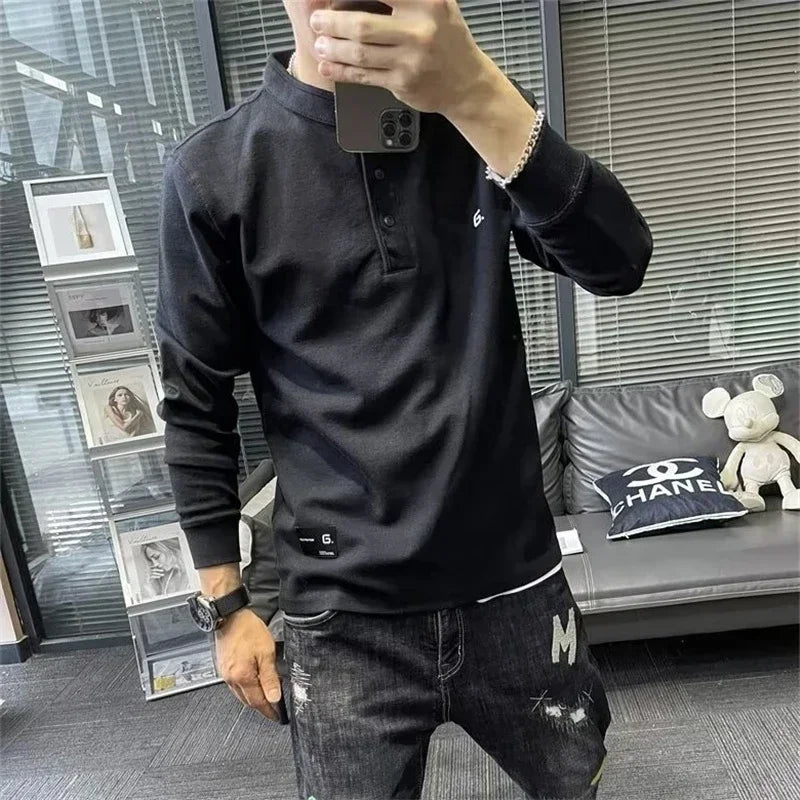 Herren Neu in Knopf Henley Neck Sweatshirts Frühling Brief Drucken Pullover Hoodies Casual Lose Y2K Streetwear Sudaderas Hombre