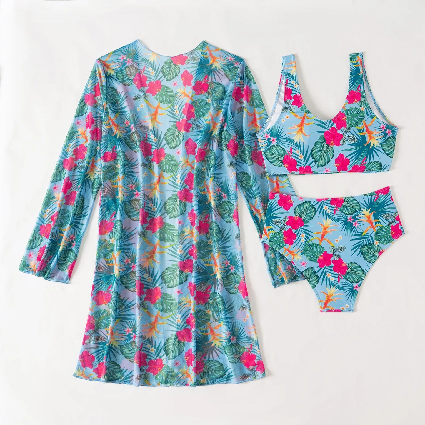 Damen-Bikini-Set mit hohem Bund und Print – dreiteiliges Badeanzug-Set für Strand und Pool