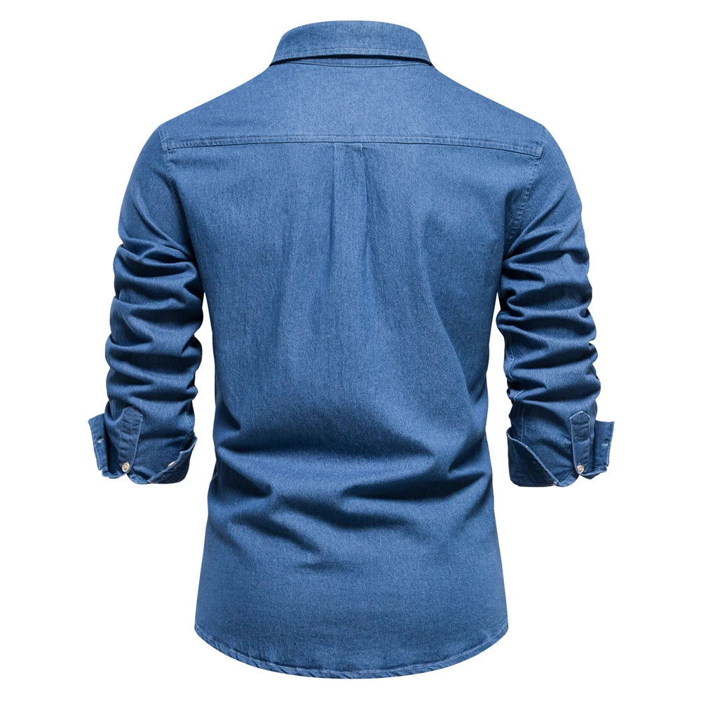 Herren Hemd aus Baumwolle im einfarbigen Denim-Look mit Tasche