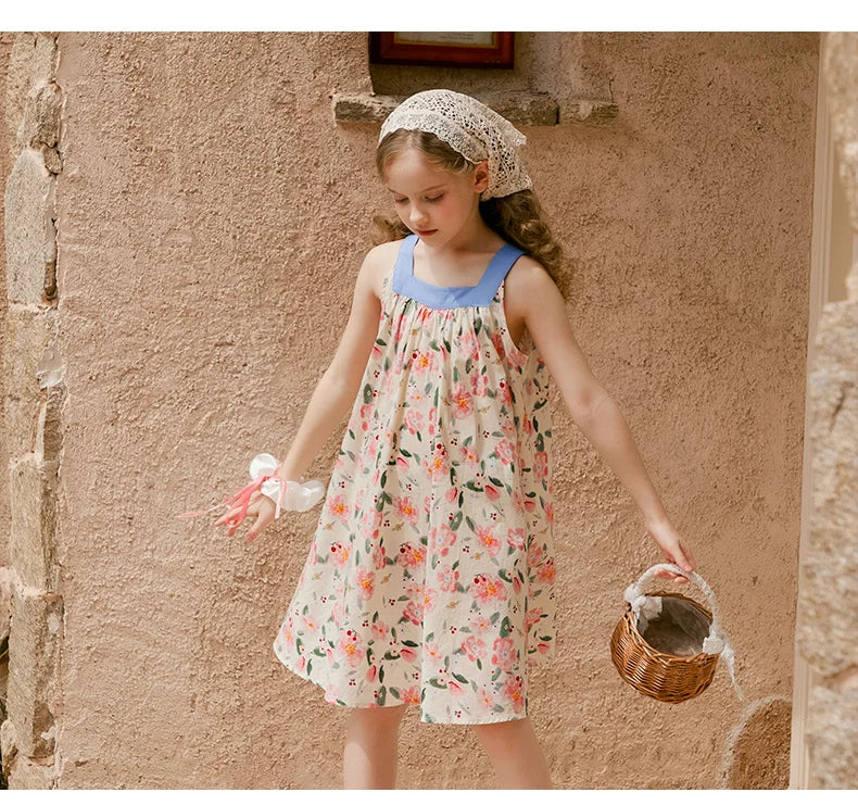 Sommerkleid für Mädchen aus 100% Baumwolle mit kurzen Ärmeln und niedlichem blauen Blumenmuster – geeignet für Kinder von 3 bis 14 Jahren (110cm-170cm)