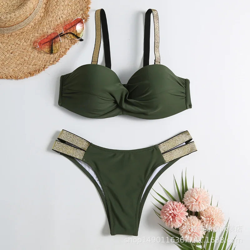 Sexy Bikini-Set in Rosenrot mit Strasssteinen – Push-Up-Badeanzug für Damen am Strand oder Pool