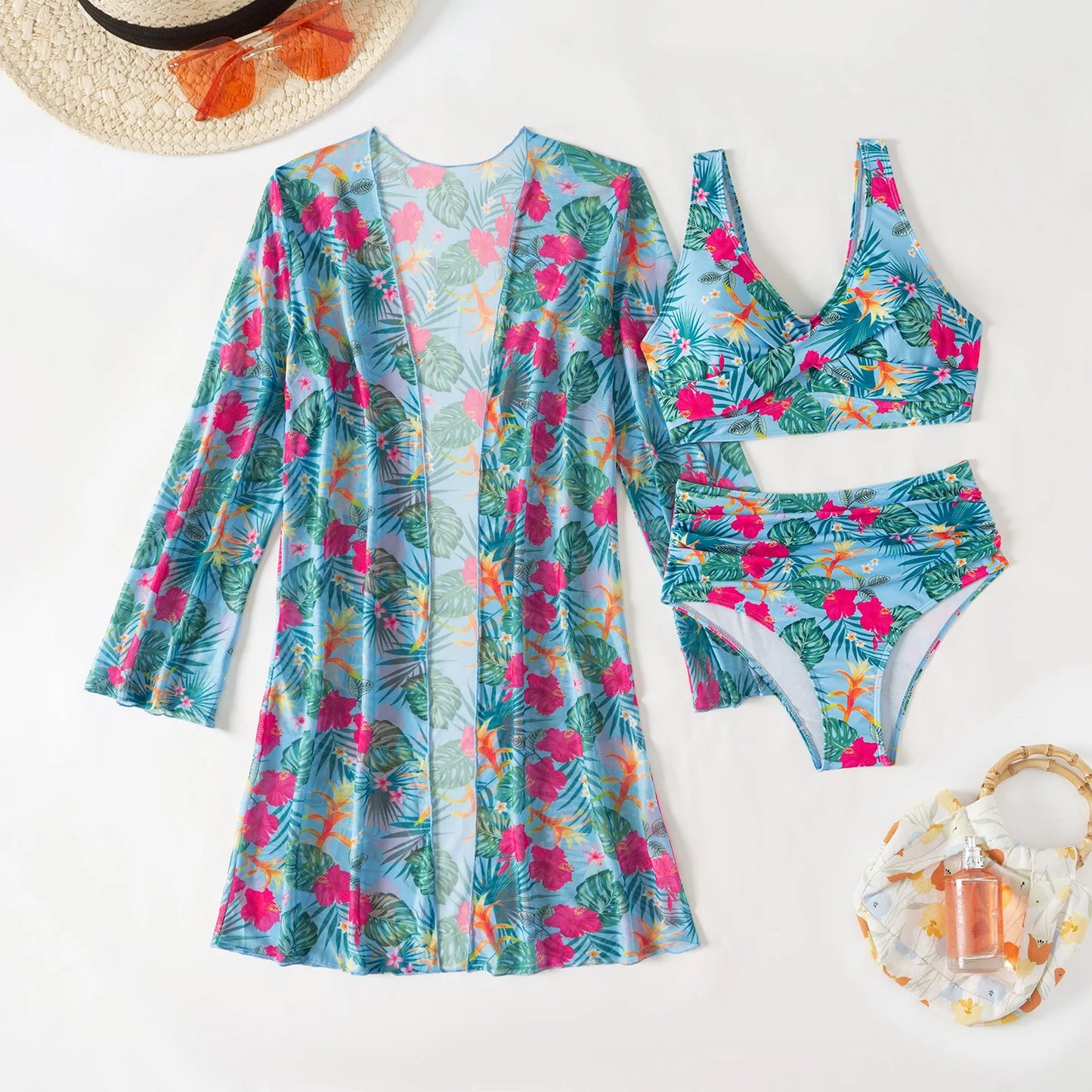 Damen-Bikini-Set mit hohem Bund und Print – dreiteiliges Badeanzug-Set für Strand und Pool