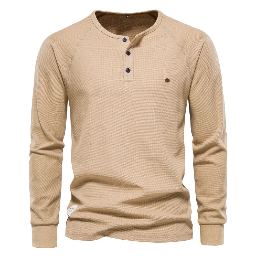 Herren Langarm Waffel Henley T-Shirt in fester Farbe für den Herbst