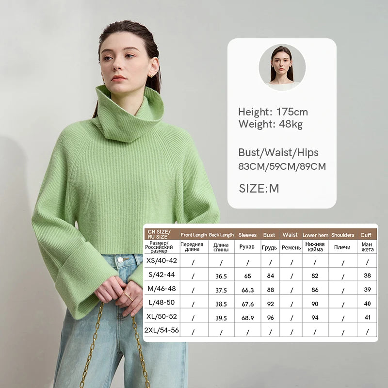 Kurzer Damen-Rollkragenpullover grün, locker, Raglanärmel, hoher Rollkragen