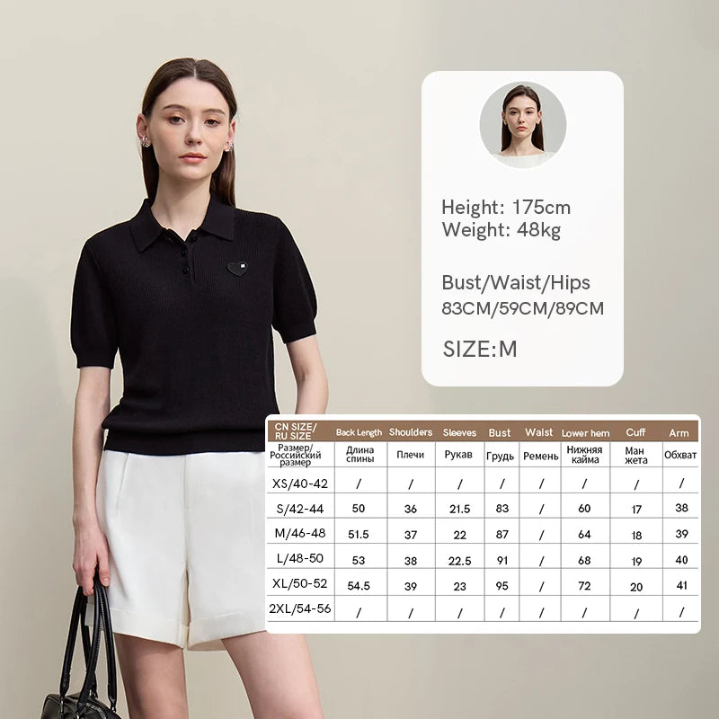 Damen-Strickpullover mit Polokragen, Knopfleiste und Kurzarm, schwarz