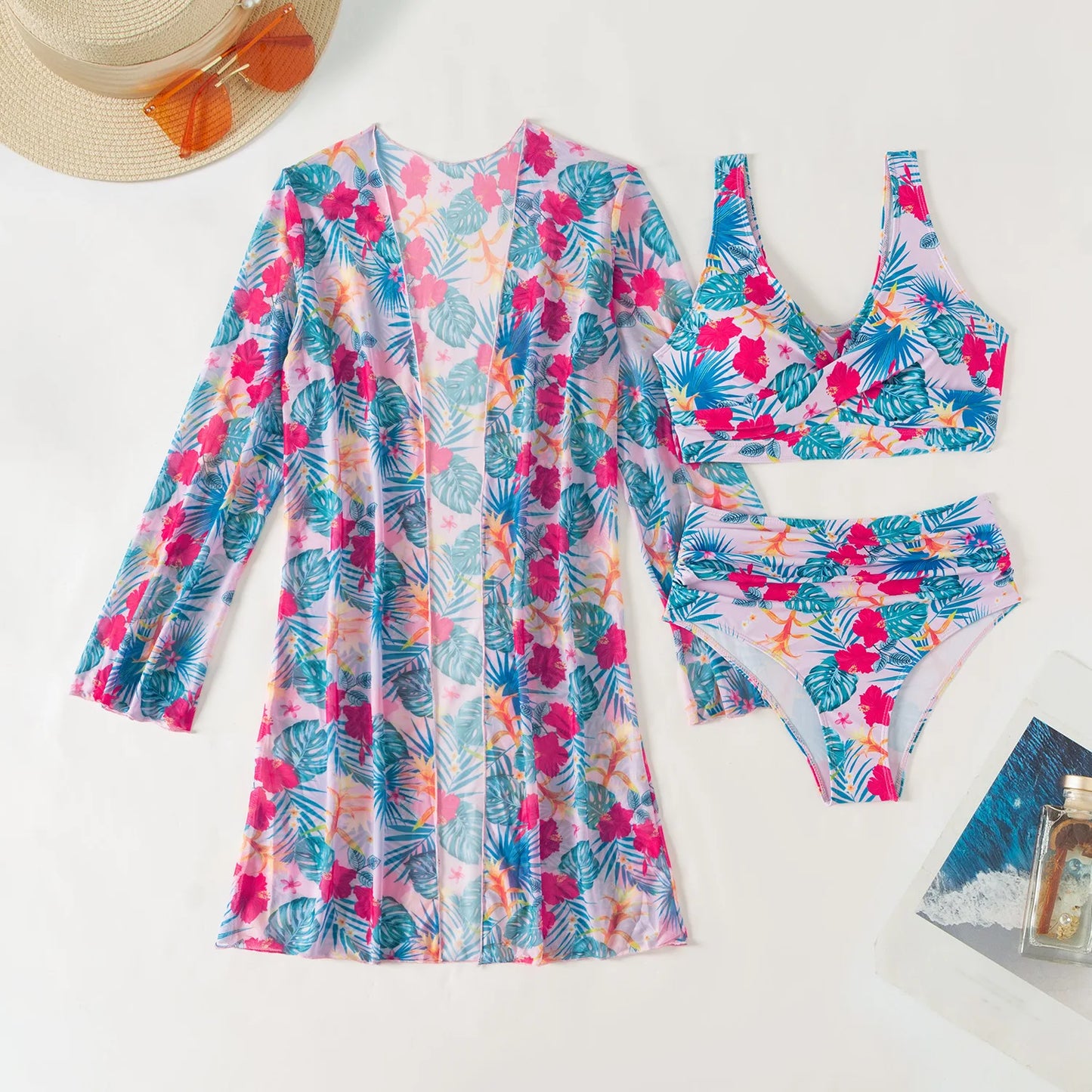 Damen-Bikini-Set mit hohem Bund und Print – dreiteiliges Badeanzug-Set für Strand und Pool