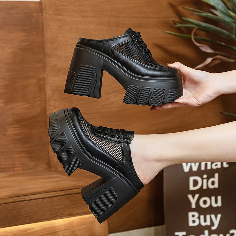 AIYUQI Hausschuhe Frauen High Heel 2025 Neue Sommer Closed Toe Frauen Hausschuhe 11 cm Höhe Mesh Plattform Hausschuhe Frauen