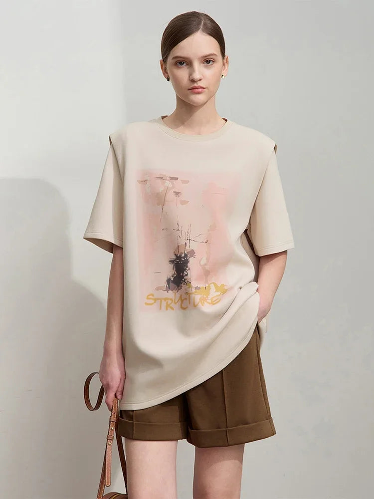 Damen T-Shirt im minimalistischen Stil mit lässigem O-Ausschnitt und Kunstdruck