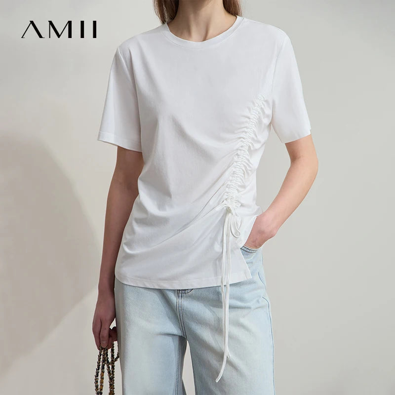Damen Sommer T-Shirt mit Rundhals und Kordelzug in lässiger Form
