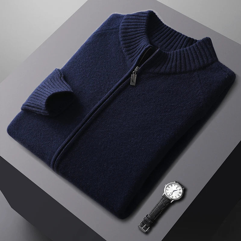 Urban Casual Herrenbekleidung 100 % reine Wolle Strick-Reißverschluss-Cardigan Herren Rundhalsausschnitt dicker Pullover Herbst Winter Kaschmirjacke Top