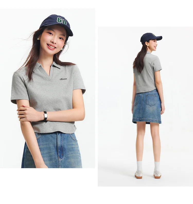 Semir Poloshirt für Damen, abgeschnitten, schmale Passform, elegant, 2025, neuer Sommer, bestickter Pullover, minimalistisch, für lässigen Stil