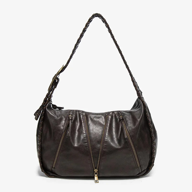 Damen-Hobo-Handtasche Vintage-Stil aus weichem Kunstleder mit geflochtenem Tragegurt und Mehrfach-Reißverschlussfächern