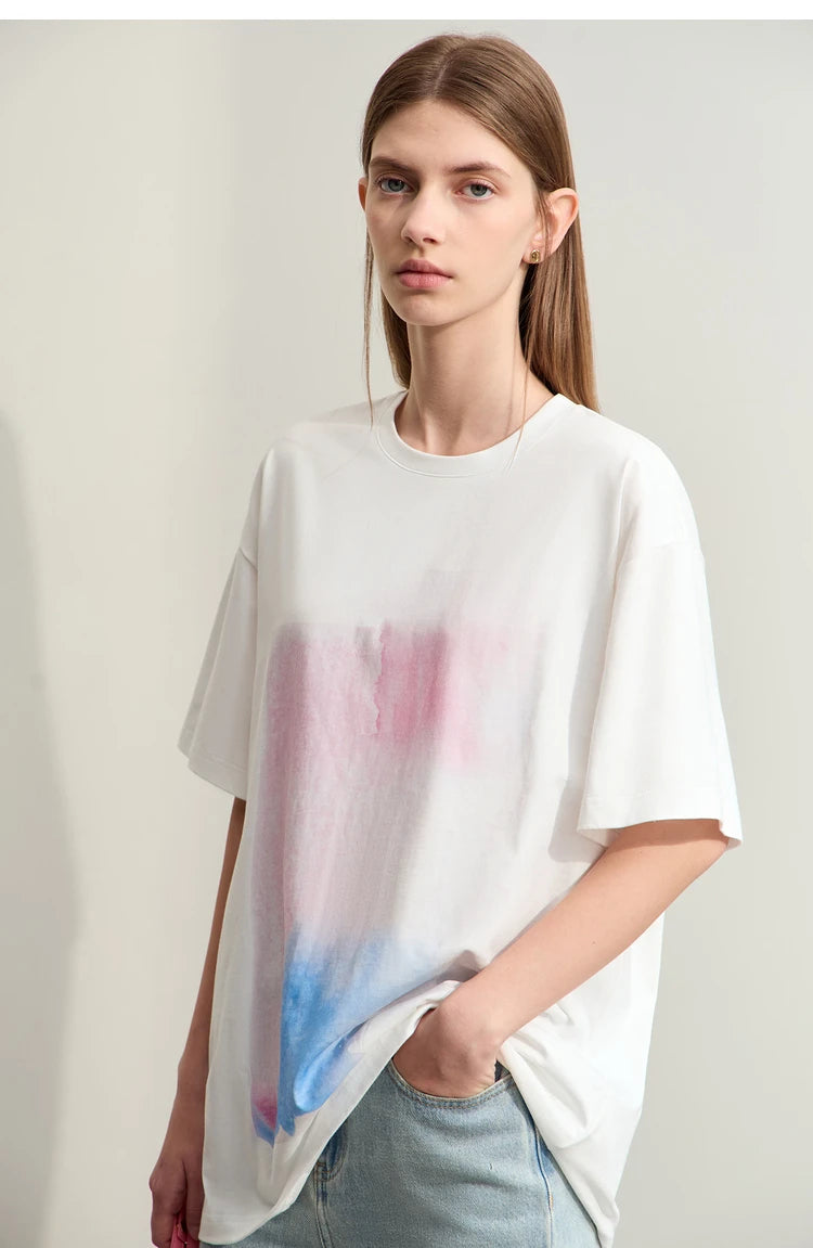 Damen T-Shirts im Minimalismus-Stil mit abstraktem Druck aus Baumwolle