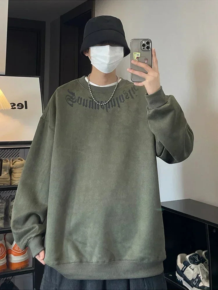Frühlings-Herren-Sweatshirt aus Wildleder mit Goth-Buchstaben-Aufdruck, übergroße Pullover mit Rundhalsausschnitt, Hoodies, 2025, neue Y2K-Vintage-Fleece-Sudaderas