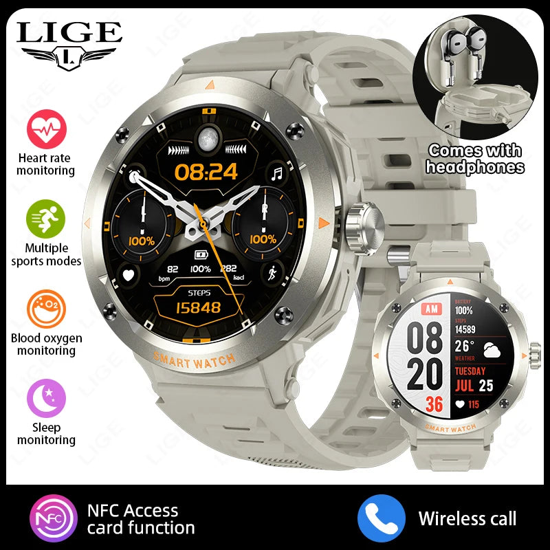 LIGE Neue TWS 2-in-1 Smart Uhr Mit Headset Bluetooth Anruf NFC Smartwatch Männer Herzfrequenz Blut sauerstoff Spielen Musik Ohrhörer Uhr