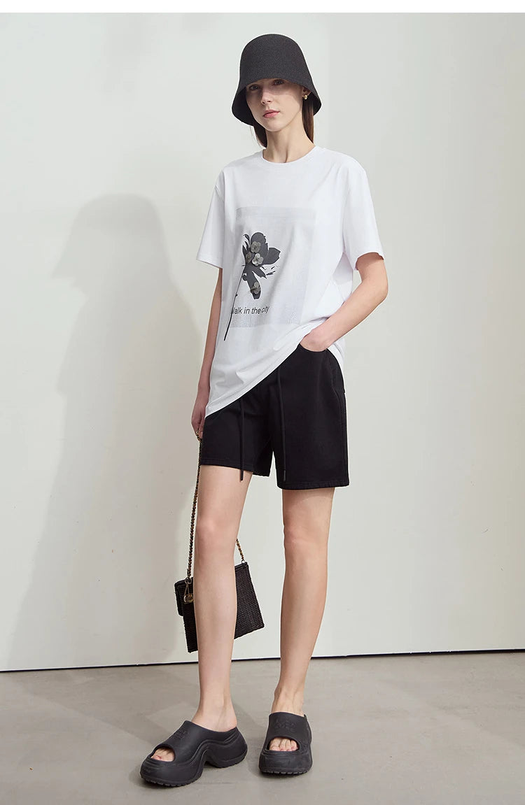 Damen T-Shirt mit minimalistischem O-Ausschnitt und Pailletten-Verzierung
