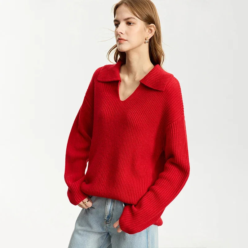Damen V-Ausschnitt Pullover Acryl French Lazy Style lang Winter