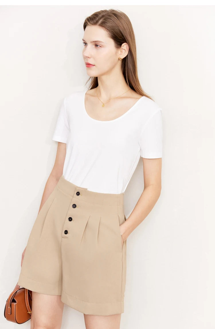 Damen T-Shirt aus mercerisierter Baumwolle mit V-Ausschnitt und Spitzen-Detail