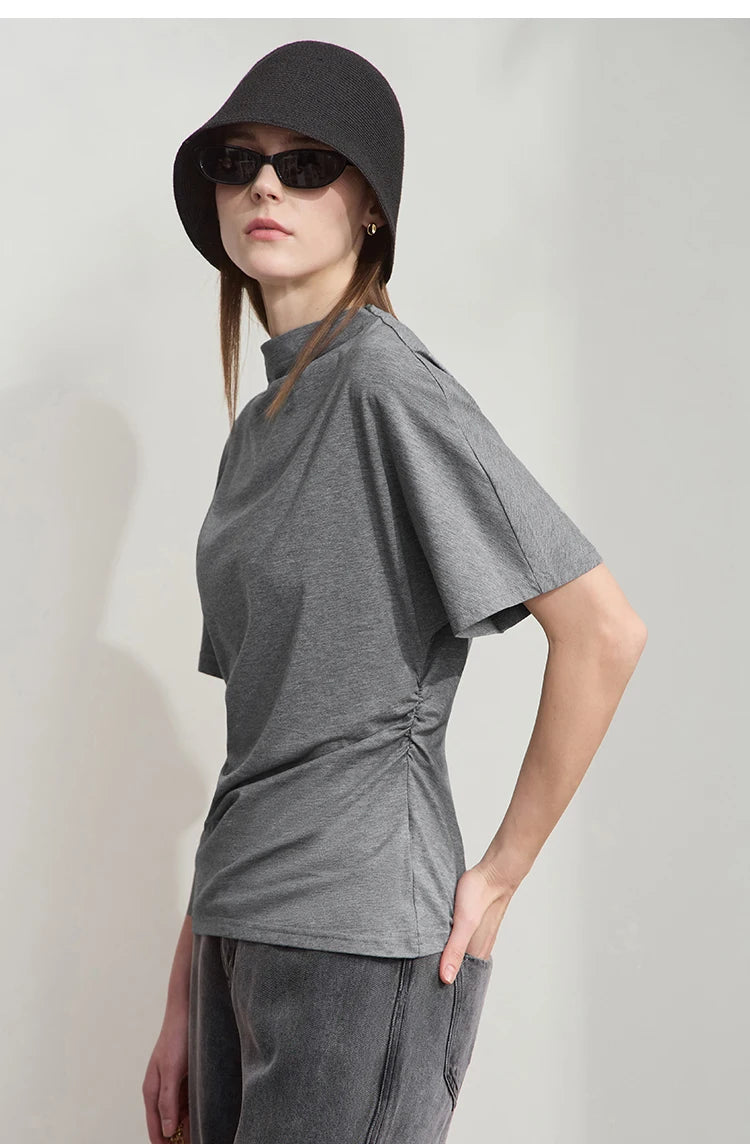 Damen T-Shirt im minimalistischen Sommer-Stil mit solidem Rollkragen und Kurzarm