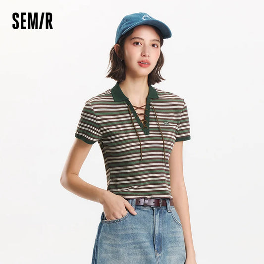 Semir Poloshirt für Damen, abgeschnitten, schmale Passform, Krawattendetail, 2025, neues Sommer-Cool-Feeling, gestreiftes Top, Retro für trendige und lässige Looks