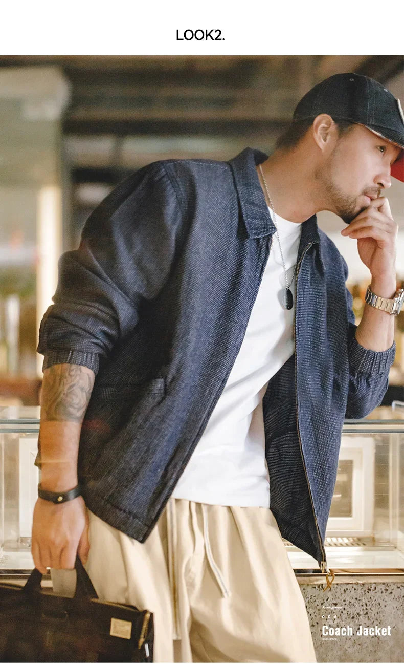 Herren Vintage-Jeansjacke Lockere Passform Revers-Reißverschlussjacke Kurze Blaue Mäntel