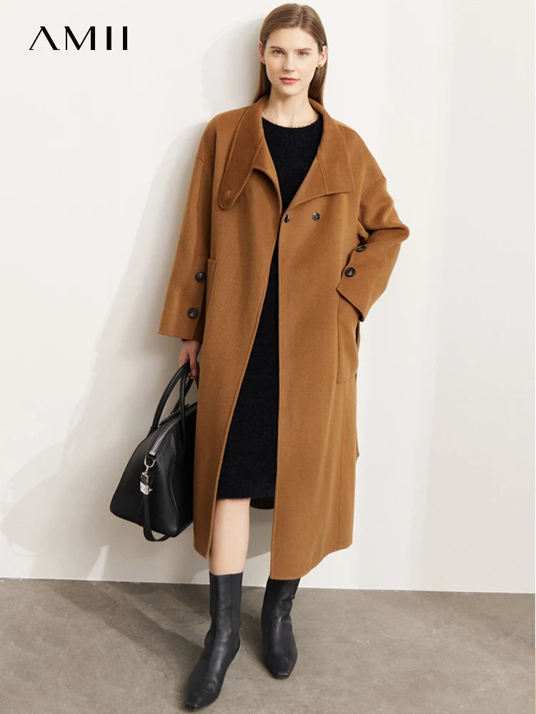 Damen Wollmantel im Minimalismus-Stil mit Stehkragen und Taschen