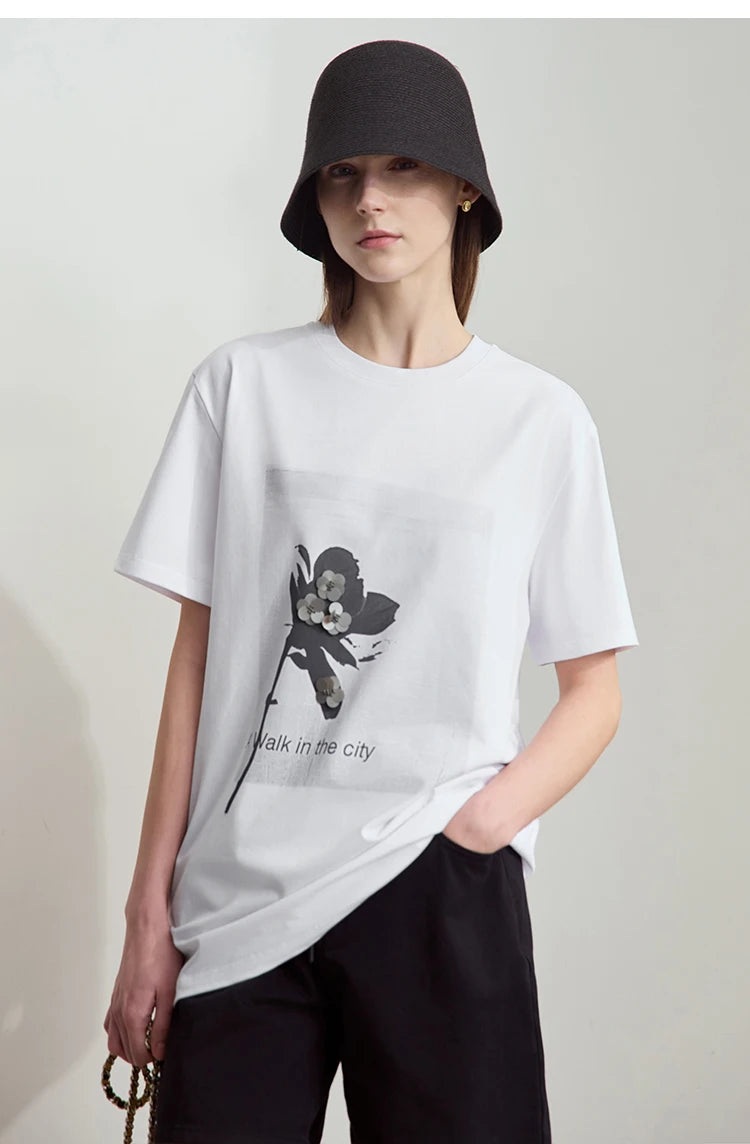 Damen T-Shirt mit minimalistischem O-Ausschnitt und Pailletten-Verzierung