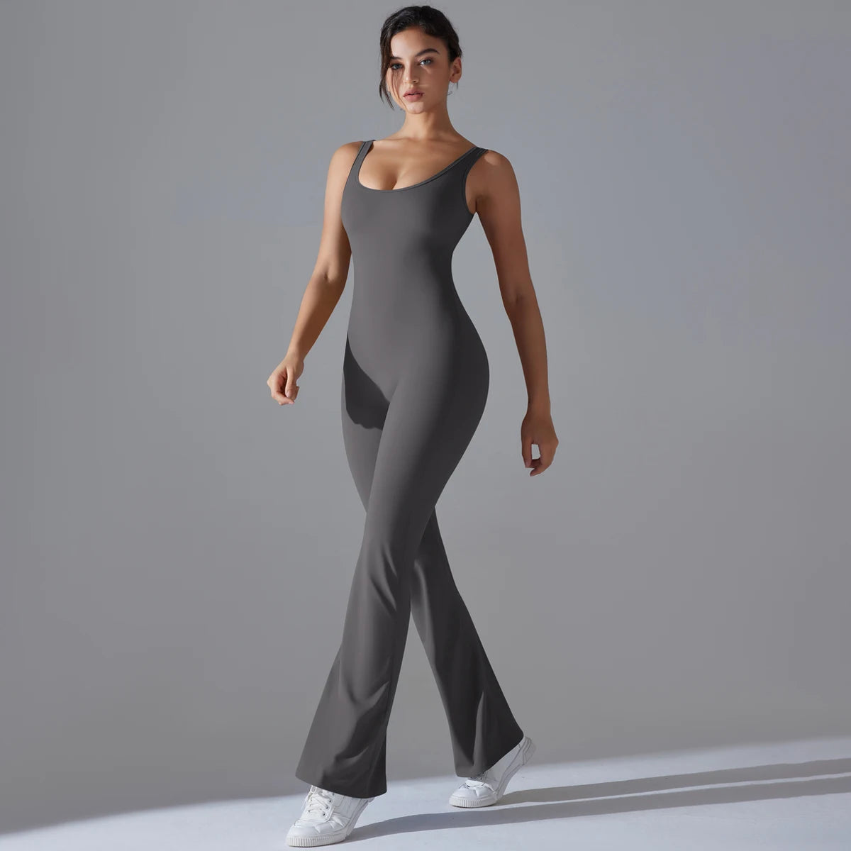 Damen Yoga-Overall, ärmellos, schmale Passform, grau, langes Schlagbein