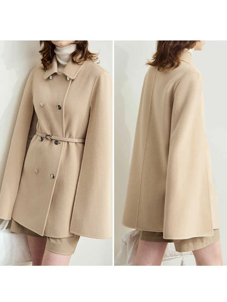 Damen Wollmantel im Vintage-Stil mit Revers und Ledergürtel für Winter