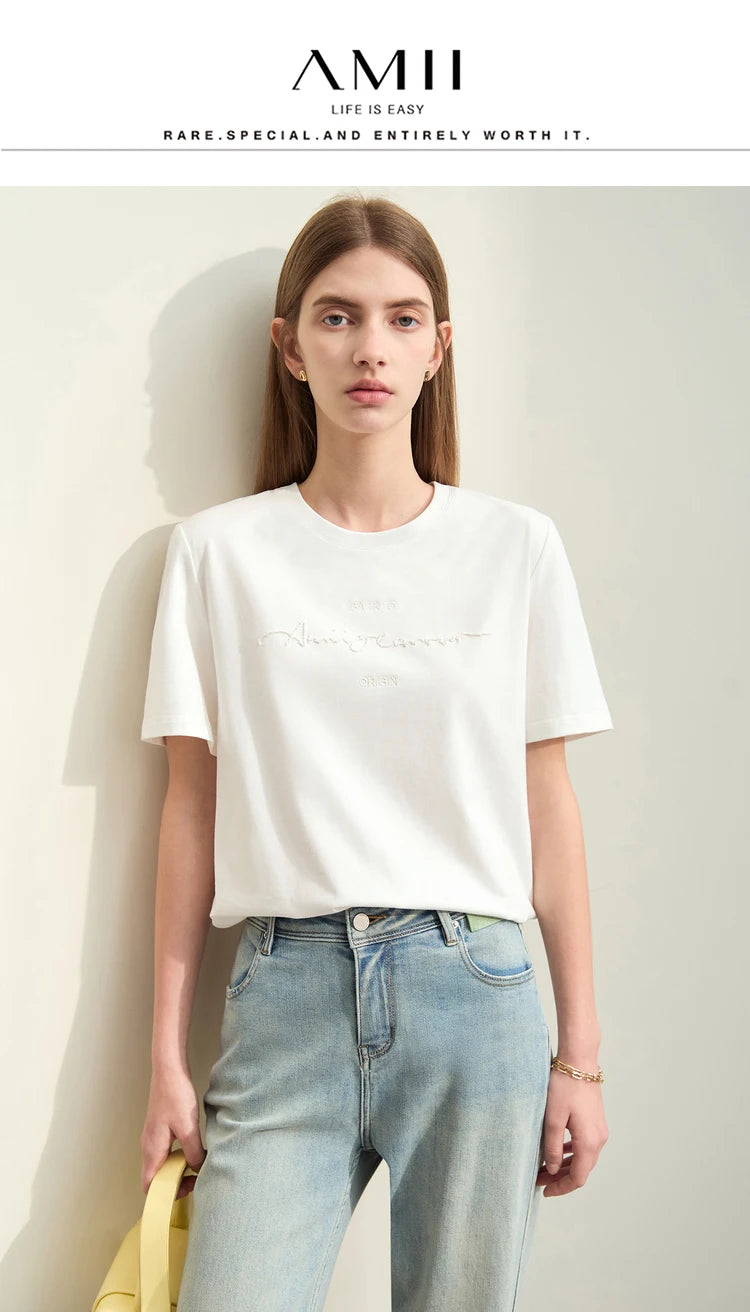 Damen T-Shirts im Minimalismus-Stil mit Kurzarm und Buchstaben-Stickerei