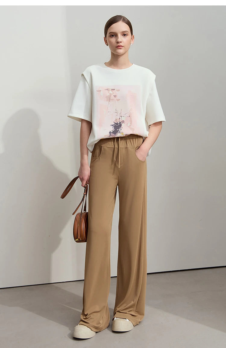 Damen T-Shirt im minimalistischen Stil mit lässigem O-Ausschnitt und Kunstdruck