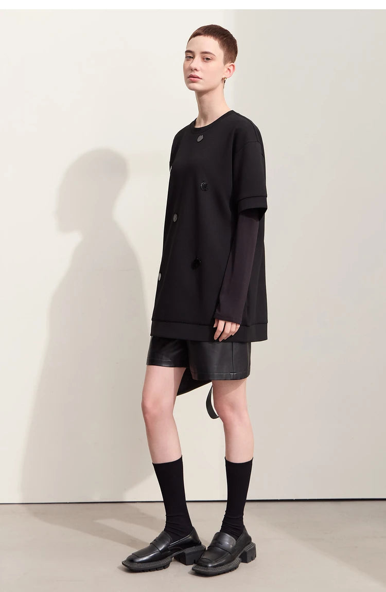 Damen T-Shirts im Minimalismus-Stil mit losem Patchwork und Dekoration
