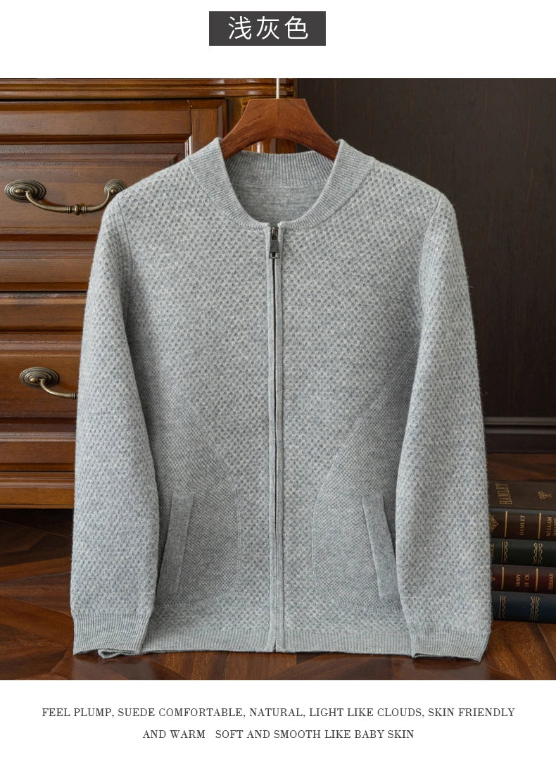 Herren-Strickjacke mit Baseball-Kragen, 100 % reine Wolle, Herren 2024, Herbst und Winter, verdickter lässiger Strickpullover, Jacke, Outdoor-Blazer