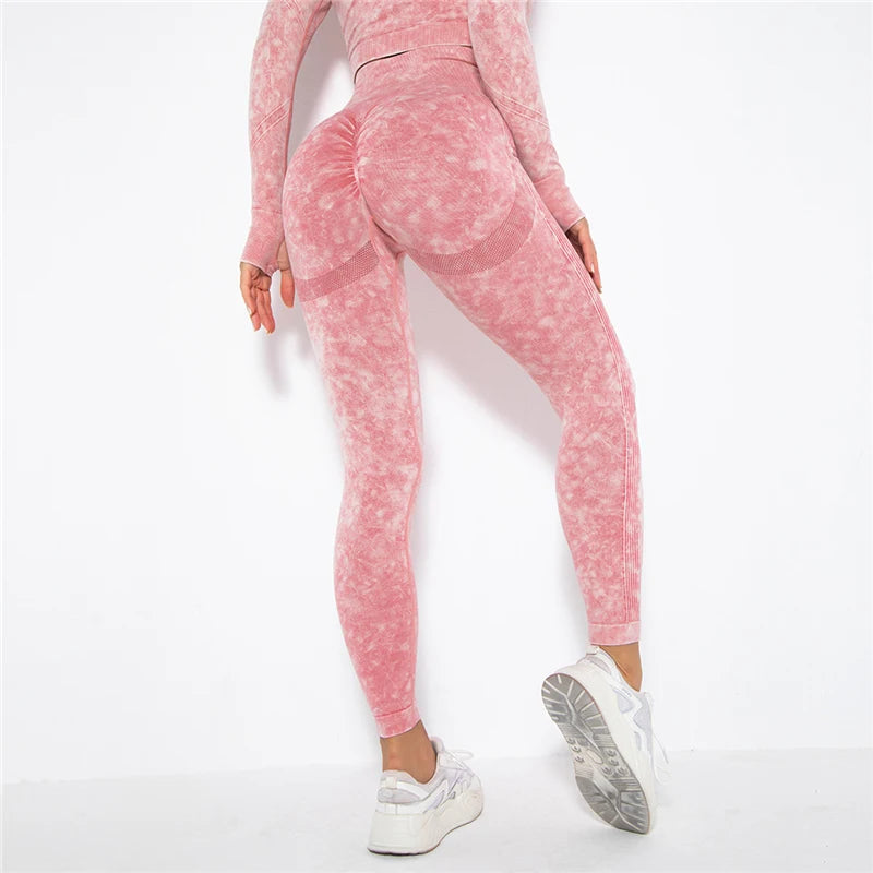 Nahtlose Yoga-Leggings mit hoher Taille, rosarot meliert, eng anliegende Passform